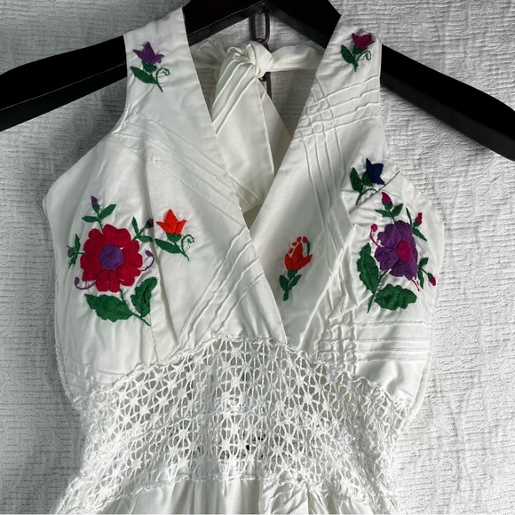 Vintage 70s Mexican Pintuck Halter Handmade Embroidered Floral Fiesta Maxi Dress - Picture 2 of 16